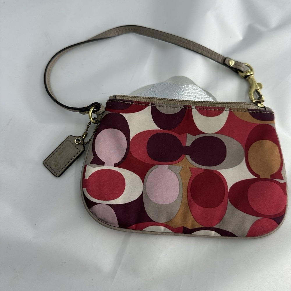 Coach Y2K Ashley Scarf Print Signature C Small Wristlet Red, Pink, Tan